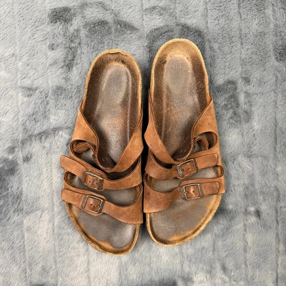 Birkenstock Pisa Oiled Leather Sandals Tobacco Brown Multi Strap Mens 41 US 8